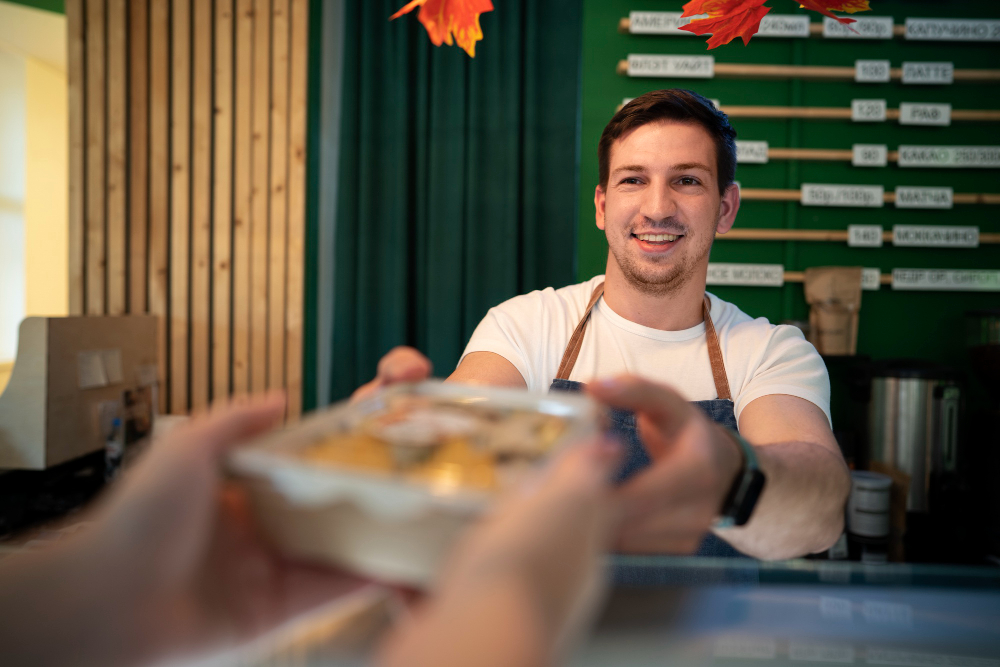 A person in a white t-shirt and apron stands behind a counter, handing over a container of food to someone whose hands are reaching out to receive the order in a cafe setting with a menu board in the background.