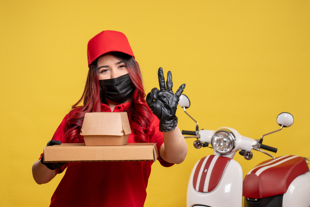 A person in a red uniform with black gloves holding cardboard pizza boxes and making a peace sign, with a white and red scooter in the background, on a yellow backdrop.